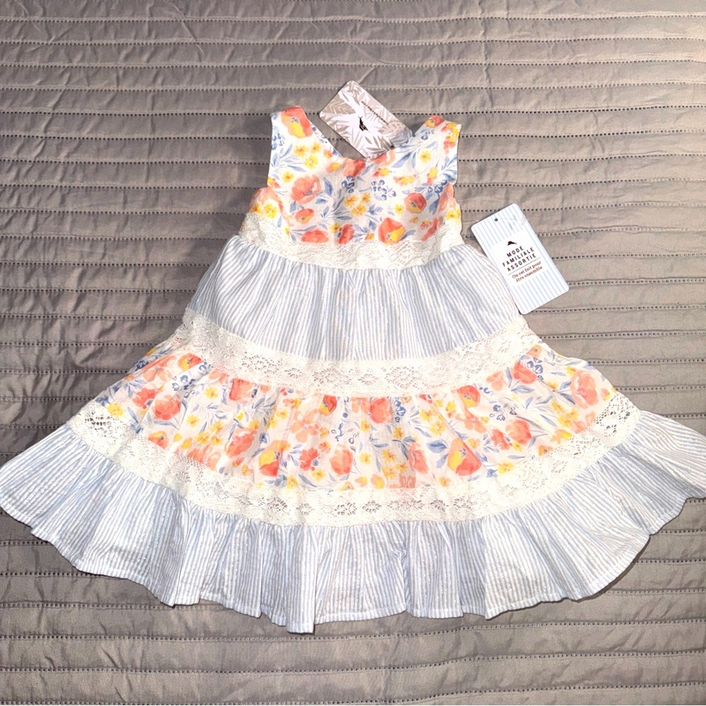 NWT Tommy Bahama baby girls summer party dress linen look floral & striped sz:12